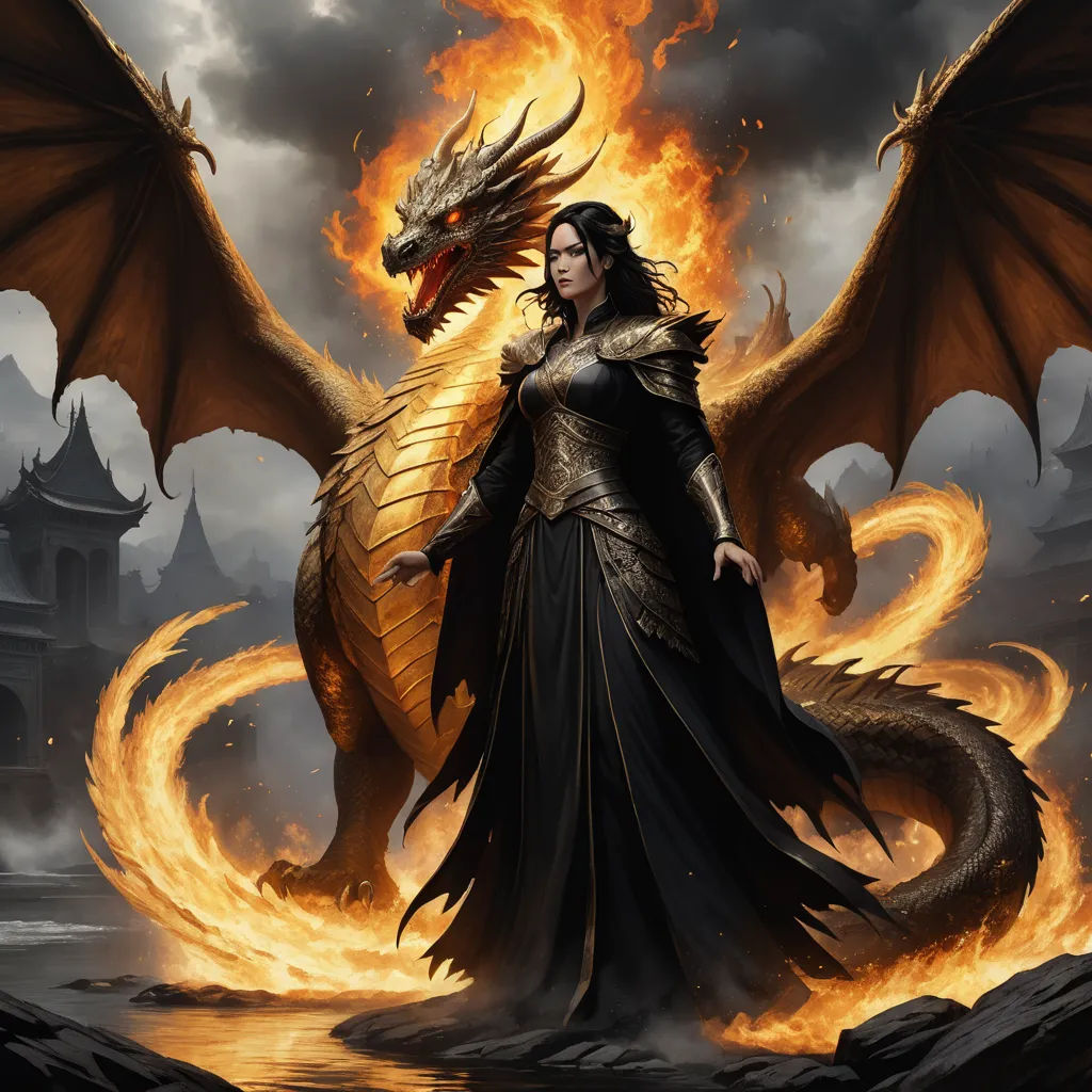 a woman in a black dress with a dragon on her shoulder and a fire breathing dragon on her shoulder, fantasy art, concept art, Anne Stokes, magic the gathering artwork