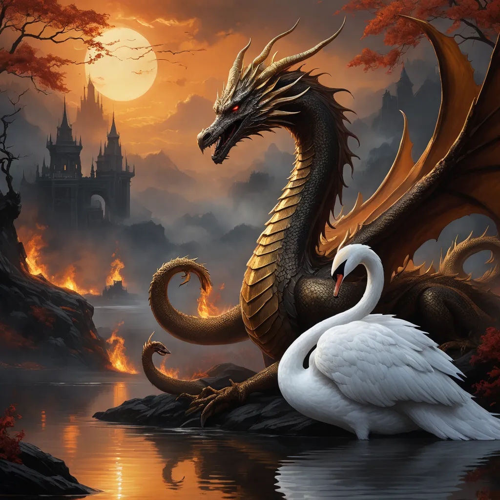 a dragon and a swan sitting on a rock in a lake with a castle in the background at sunset, fantasy art, a storybook illustration, Anne Stokes, fantasy artwork