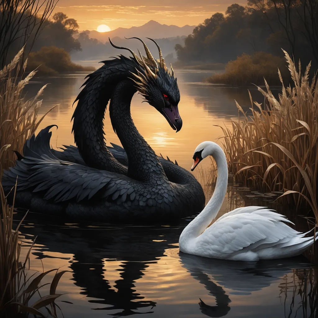 two black swans in a body of water with a sunset in the background and a mountain range in the distance, fantasy art, a fine art painting, Anne Stokes, dragon art