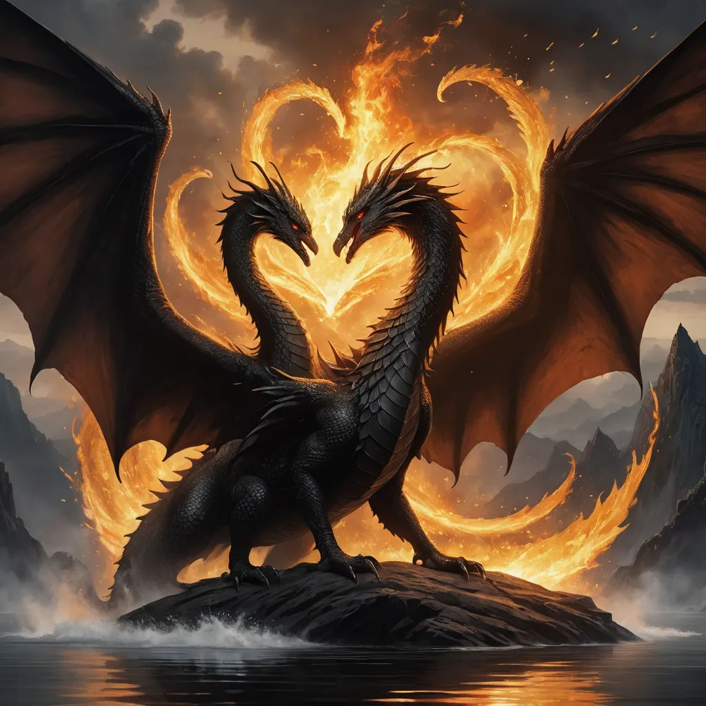 a dragon with a heart shaped tail on a rock in the water with a mountain in the background and a fireball in the shape of a heart, fantasy art, a detailed painting, Anne Stokes, dragon art