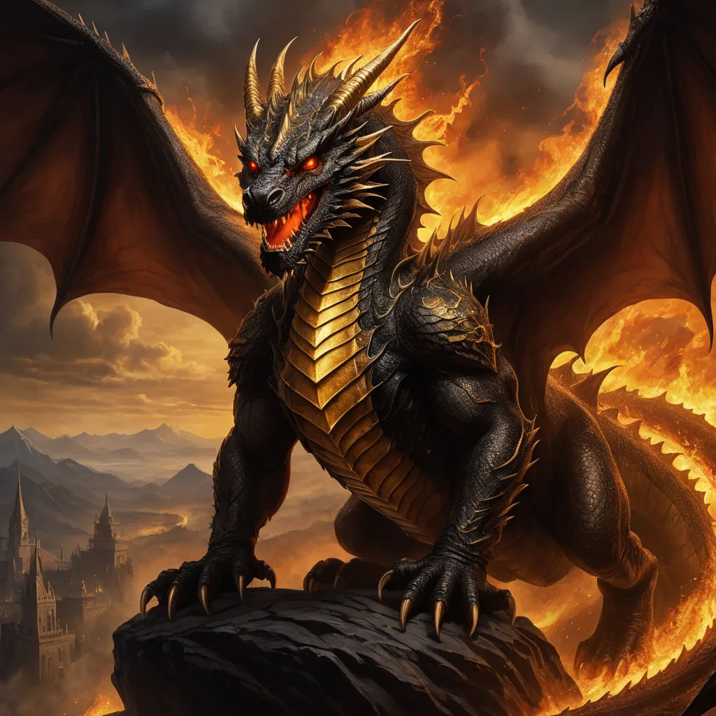 a dragon with a red eyes sitting on a rock in front of a castle on fire with a castle in the background, fantasy art, an ultrafine detailed painting, Anne Stokes, dragon art