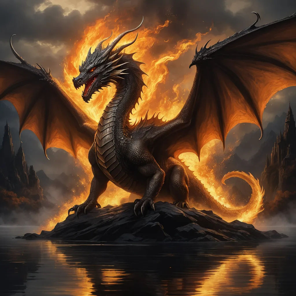 a dragon sitting on a rock in the water with a fire behind it and a castle in the background, fantasy art, an ultrafine detailed painting, Anne Stokes, dragon art