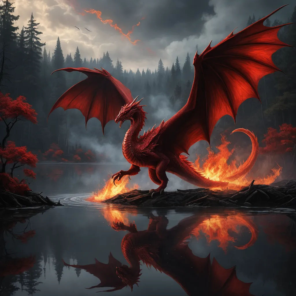 a red dragon is on fire near a body of water with trees in the background and a dark sky, fantasy art, an ultrafine detailed painting, Anne Stokes, dragon art