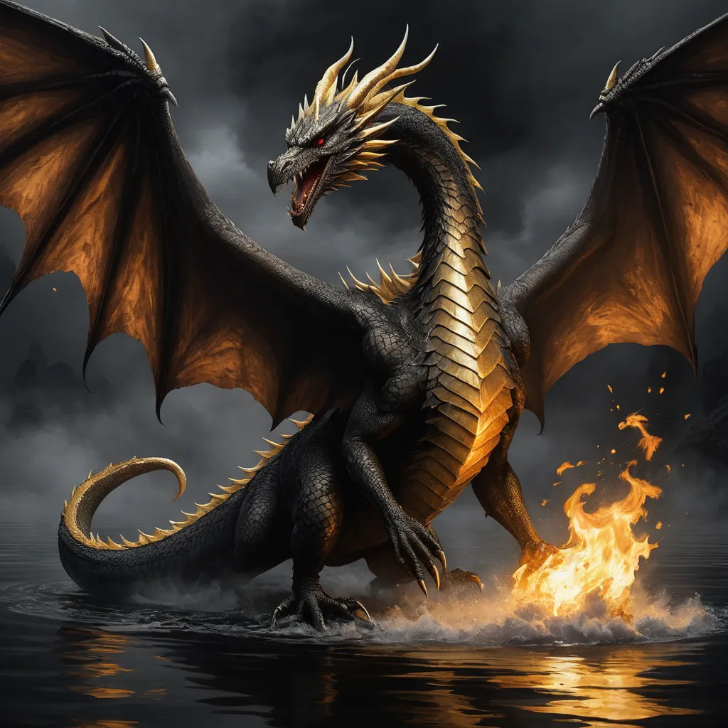 a dragon with wings and a tail is on fire in the water with a dark background and clouds in the sky, fantasy art, a digital rendering, Anne Stokes, dragon art