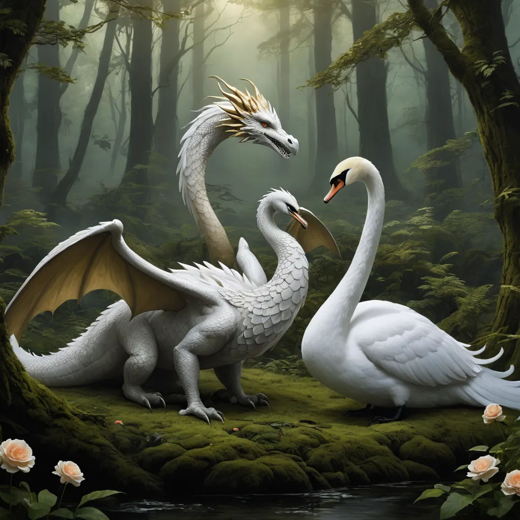 two white swans in a forest with roses and trees in the background, one of them is facing the other, fantasy art, a storybook illustration, Anne Stokes, dragon art