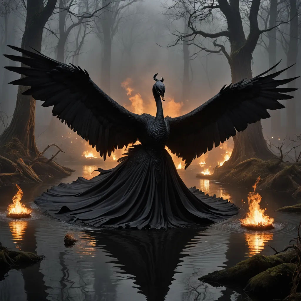 a bird with its wings spread out in the water with flames in the background and a forest with trees, fantasy art, a surrealist sculpture, Dirk Crabeth, dark fantasy art