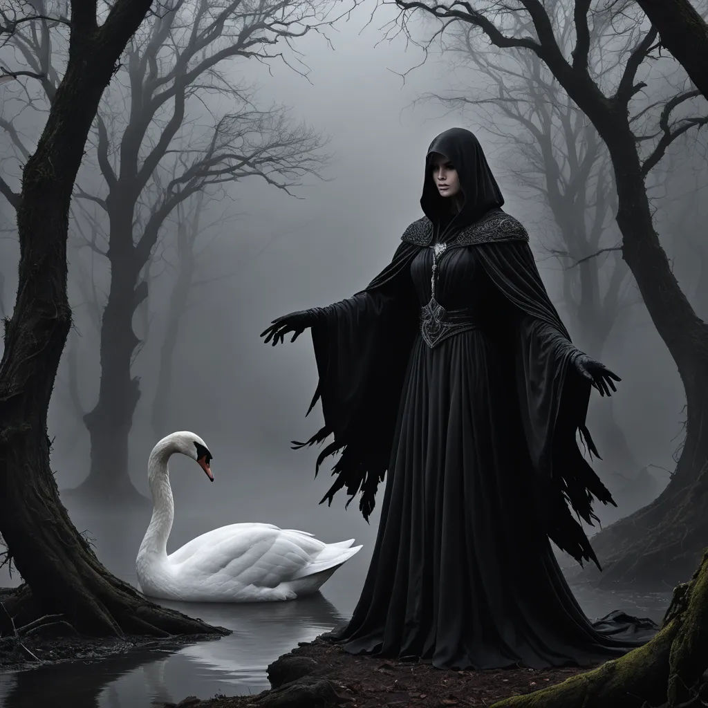 a woman in a black dress standing next to a swan in a forest with trees and fog on the ground, gothic art, a storybook illustration, Anne Stokes, dark fantasy art