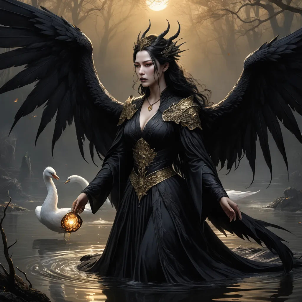 a woman with black wings holding a white swan in a lake with trees in the background and a sun shining through the sky, gothic art, a detailed painting, Anne Stokes, dark fantasy art