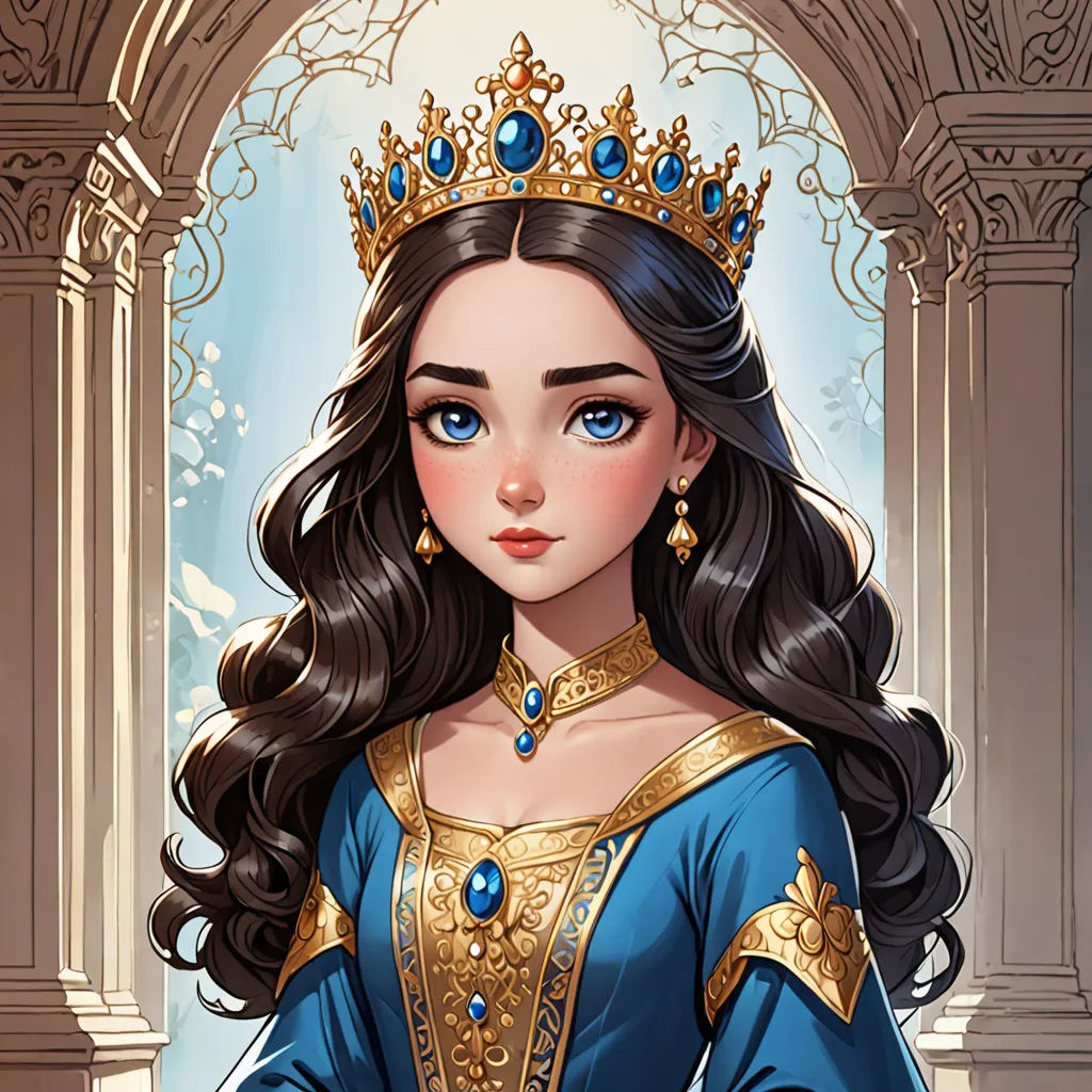 a cartoon of a woman in a blue dress with a tiara on her head and a blue dress with gold trim, fantasy art, a detailed painting, Anne Stokes, beautiful detailed