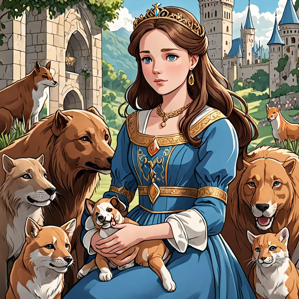 a woman in a blue dress holding a dog and surrounded by dogs and cats in front of a castle, fantasy art, a storybook illustration, Florence Engelbach, game art