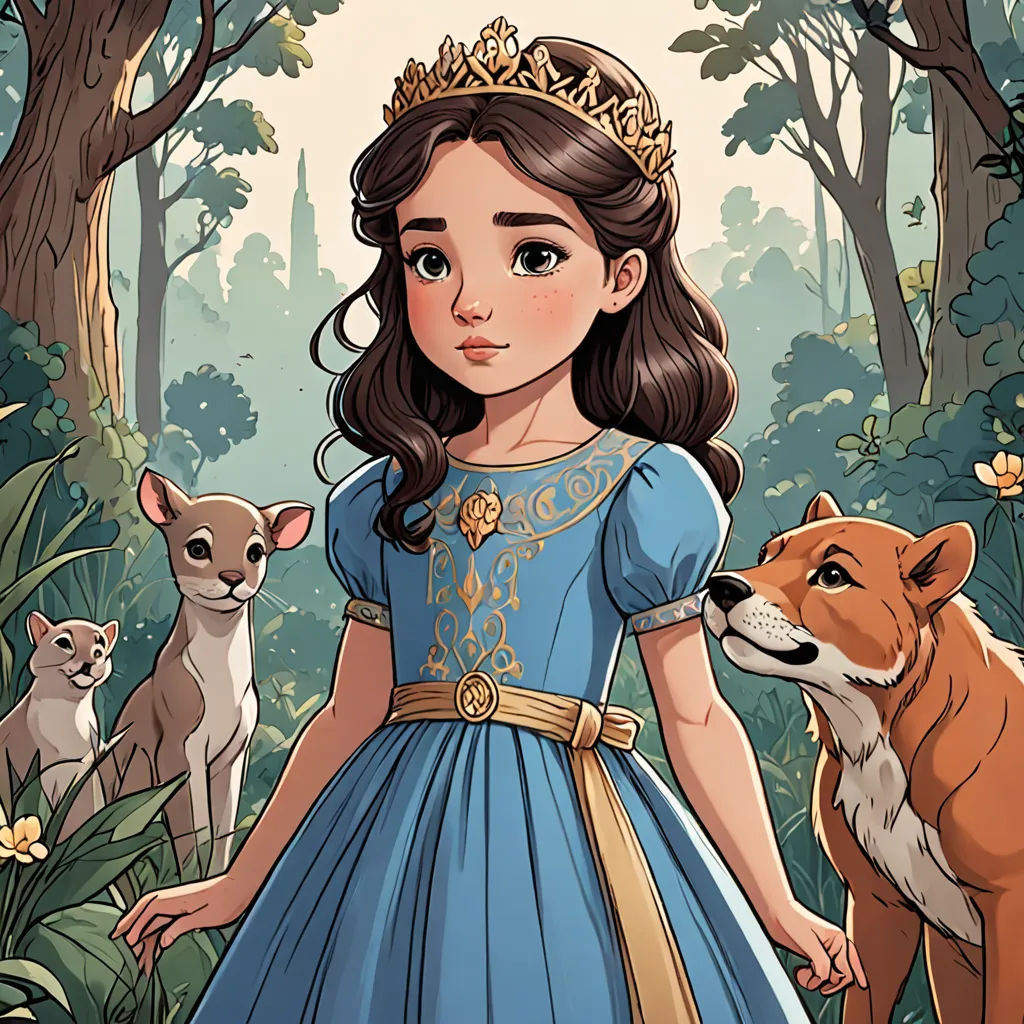 a little girl in a blue dress standing next to a dog and a fox in a forest with trees, fantasy art, a storybook illustration, Clarice Beckett, storybook illustration