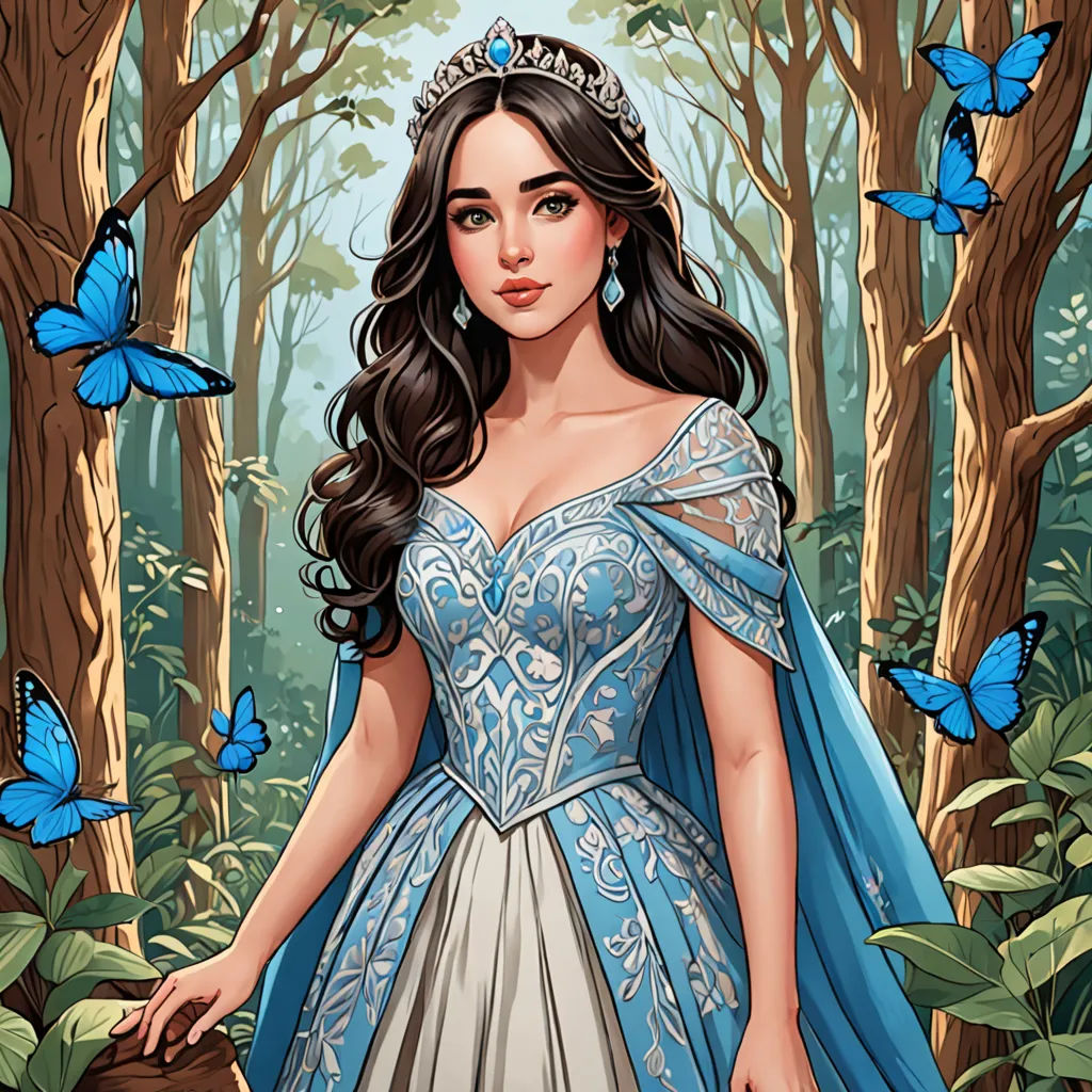 a woman in a blue dress standing in a forest with butterflies around her and a blue dress on her shoulders, fantasy art, a character portrait, Anne Stokes, kinkade