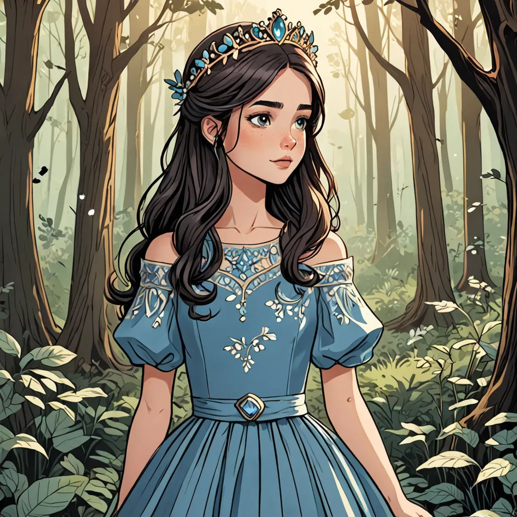 a girl in a blue dress standing in a forest with a crown on her head and a forest background, fantasy art, a storybook illustration, Charlie Bowater, official art