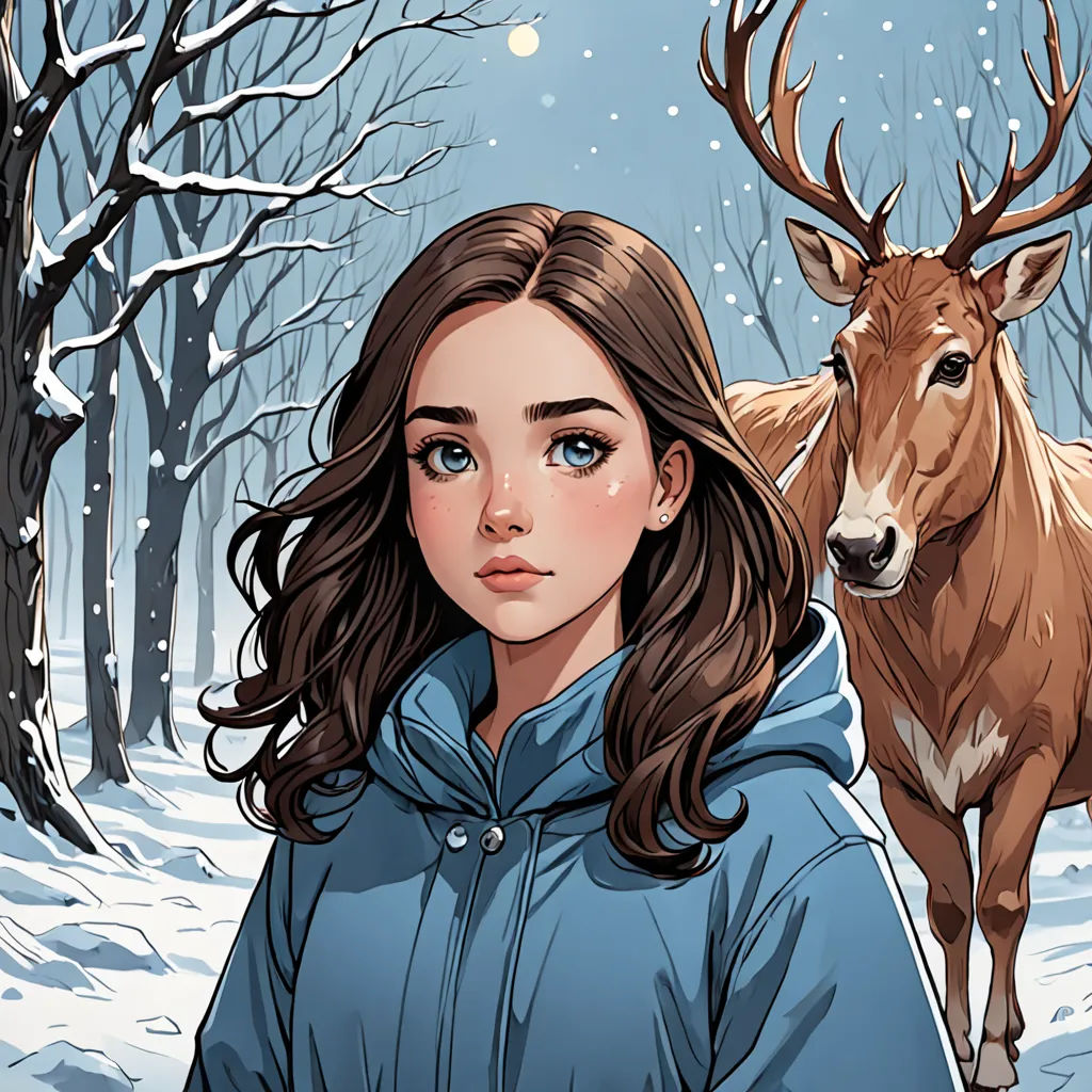 a girl in a blue jacket standing in the snow next to a deer in the woods with snow on the ground, furry art, a comic book panel, Charlie Bowater, comic cover art