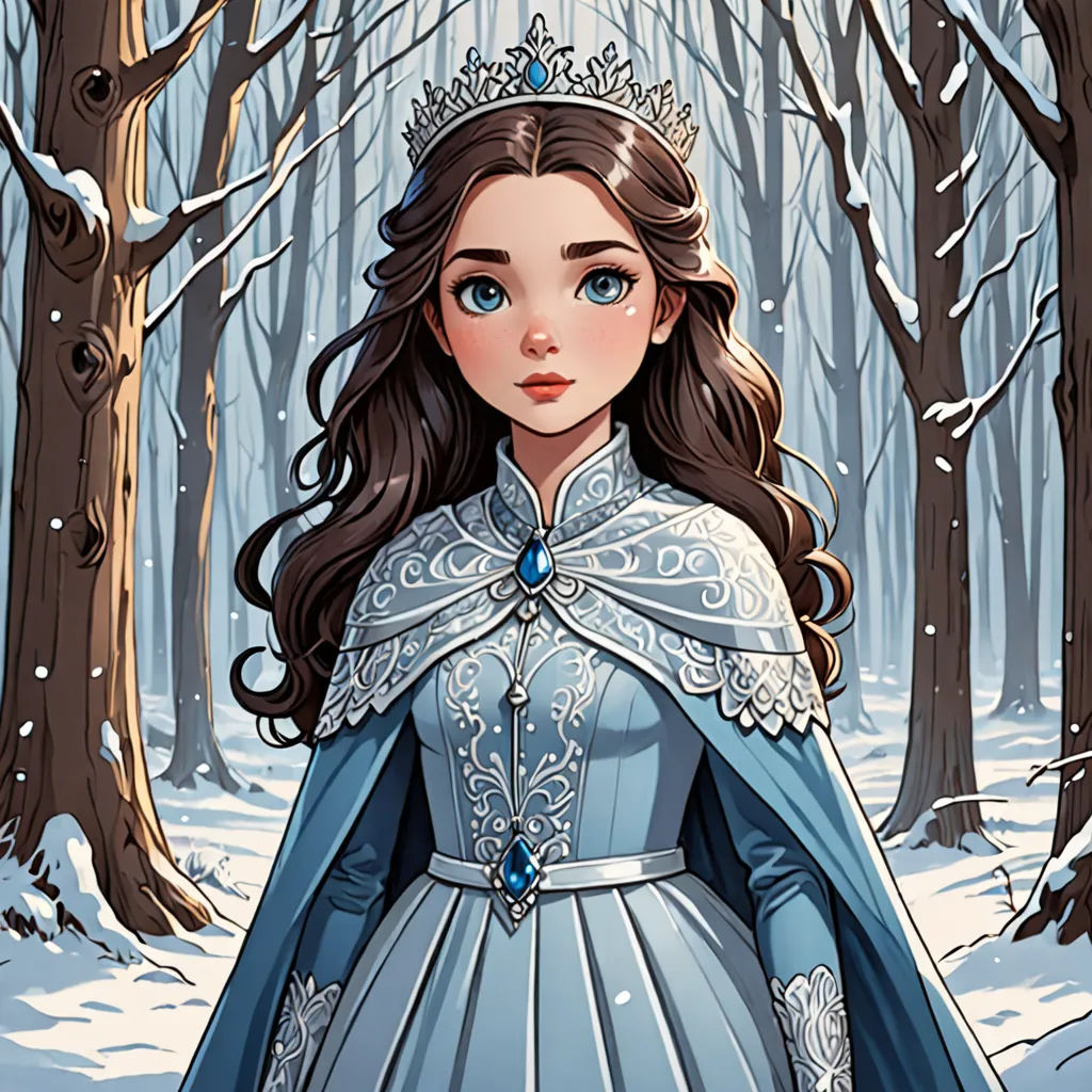 a cartoon of a woman in a blue dress in the snow with a tiara on her head and a snowy forest behind her, fantasy art, a storybook illustration, Clarice Beckett, deviantart artstation