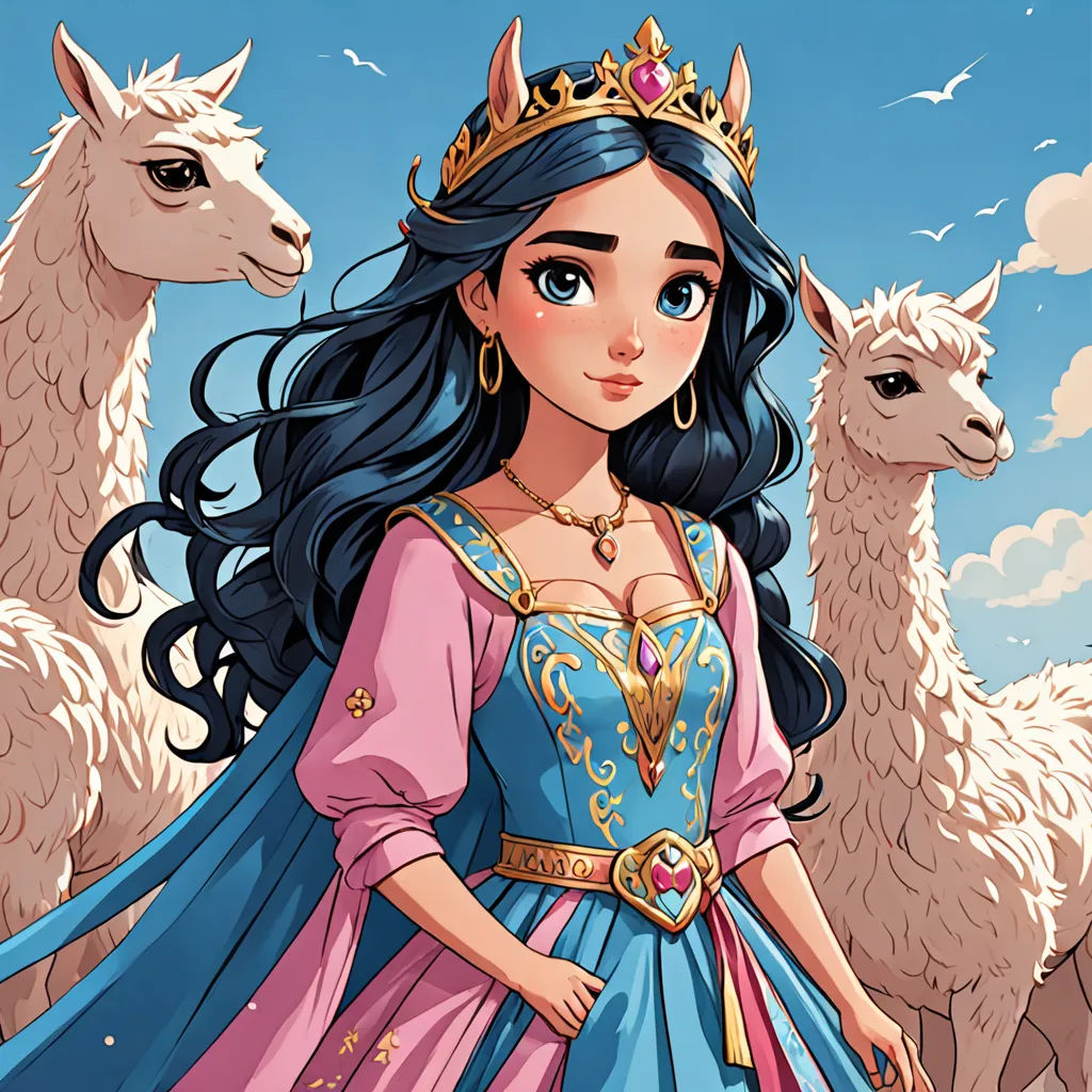 a cartoon of a woman in a blue dress with a crown and llamas in the background,, lyco art, a character portrait, Altoon Sultan, game art