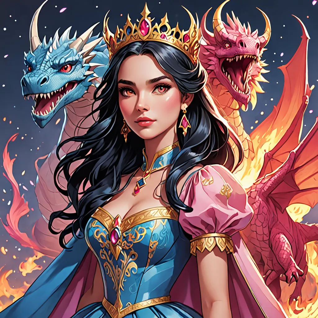 a woman in a blue dress with a dragon on her shoulder and a dragon on her shoulder, with a red dragon in the background, fantasy art, a comic book panel, Anne Stokes, dragon art