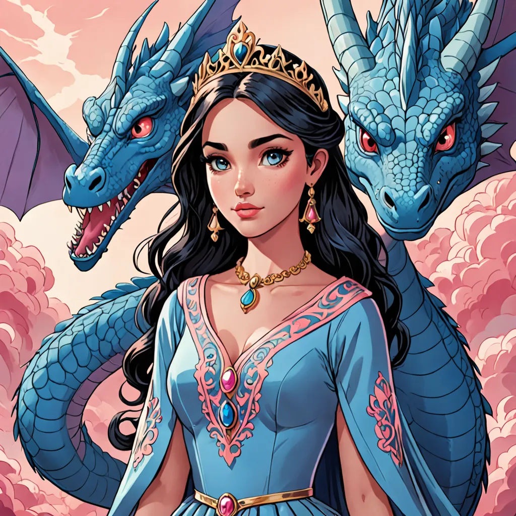 a woman in a blue dress with a dragon on her head and a crown on her head, standing next to a dragon, fantasy art, a storybook illustration, Anne Stokes, comic cover art