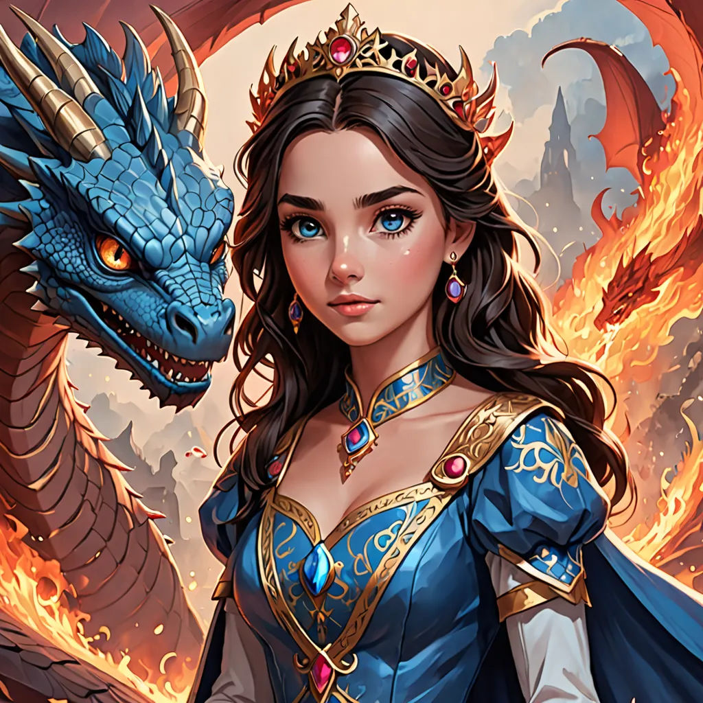 a woman in a blue dress and a dragon on her shoulder, with a red fire behind her head, fantasy art, a detailed painting, Anne Stokes, dragon art