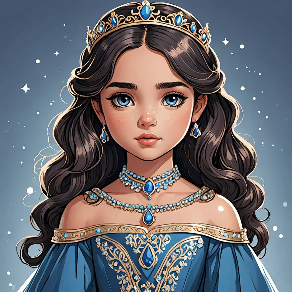 a cartoon of a young girl wearing a tiara and a blue dress with a diamond necklace on her neck, fantasy art, a detailed drawing, Anne Stokes, beautiful detailed