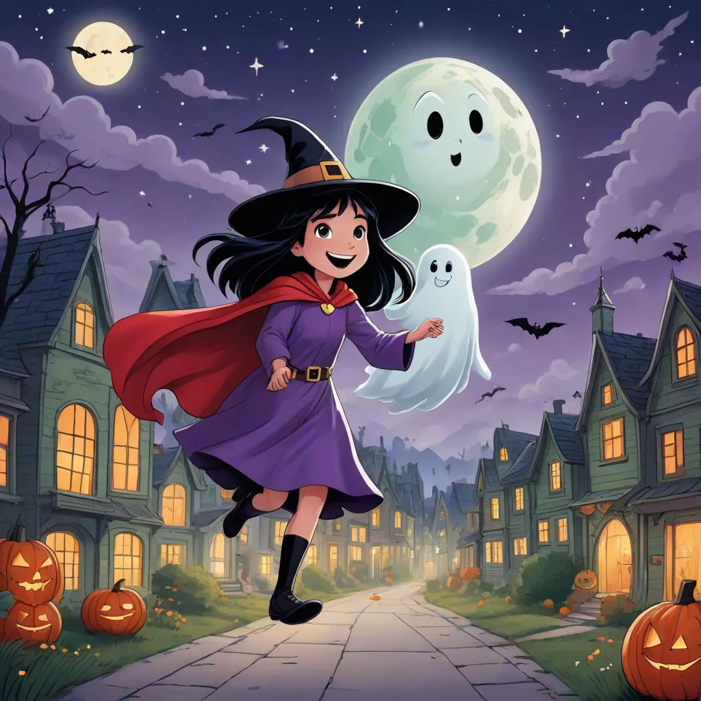a cartoon witch flying over a halloween town with a ghost on the street and a full moon in the sky, lyco art, a storybook illustration, Evaline Ness, official art