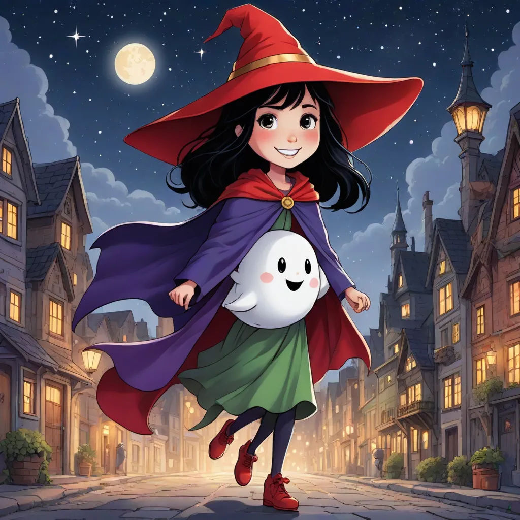 a cartoon girl dressed as a witch carrying a ghost ball in a town street at night with a full moon, fantasy art, a storybook illustration, Cliff Childs, official art