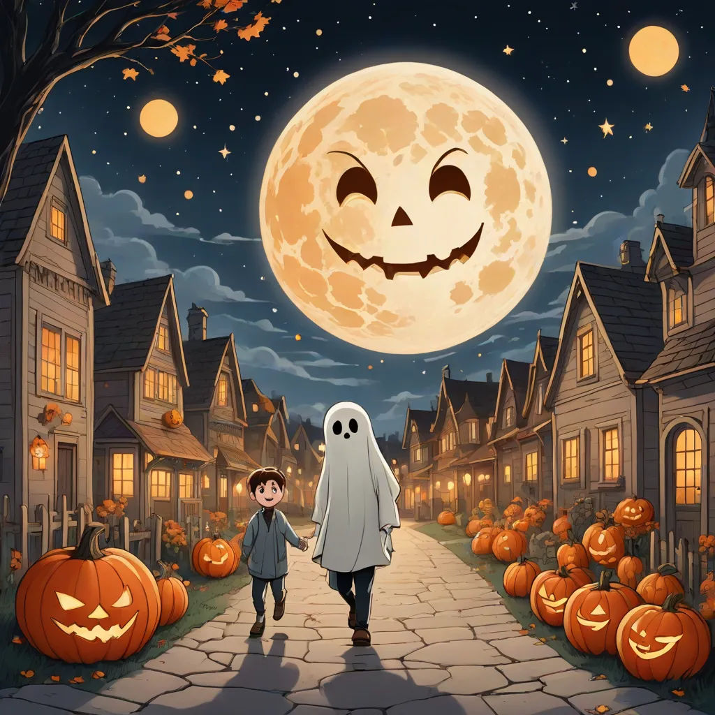 a boy and a girl are walking down a street with pumpkins and a full moon in the background, dau-al-set, a storybook illustration, Evgeny Lushpin, official art