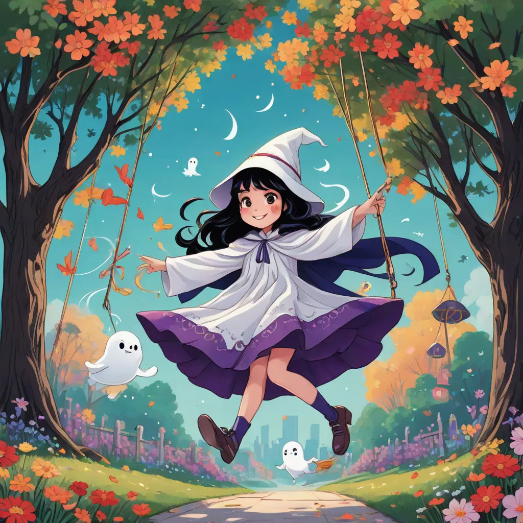 a girl in a witch costume swinging on a swing with ghost in the background and a full moon in the sky, fantasy art, a storybook illustration, Alice Prin, official art