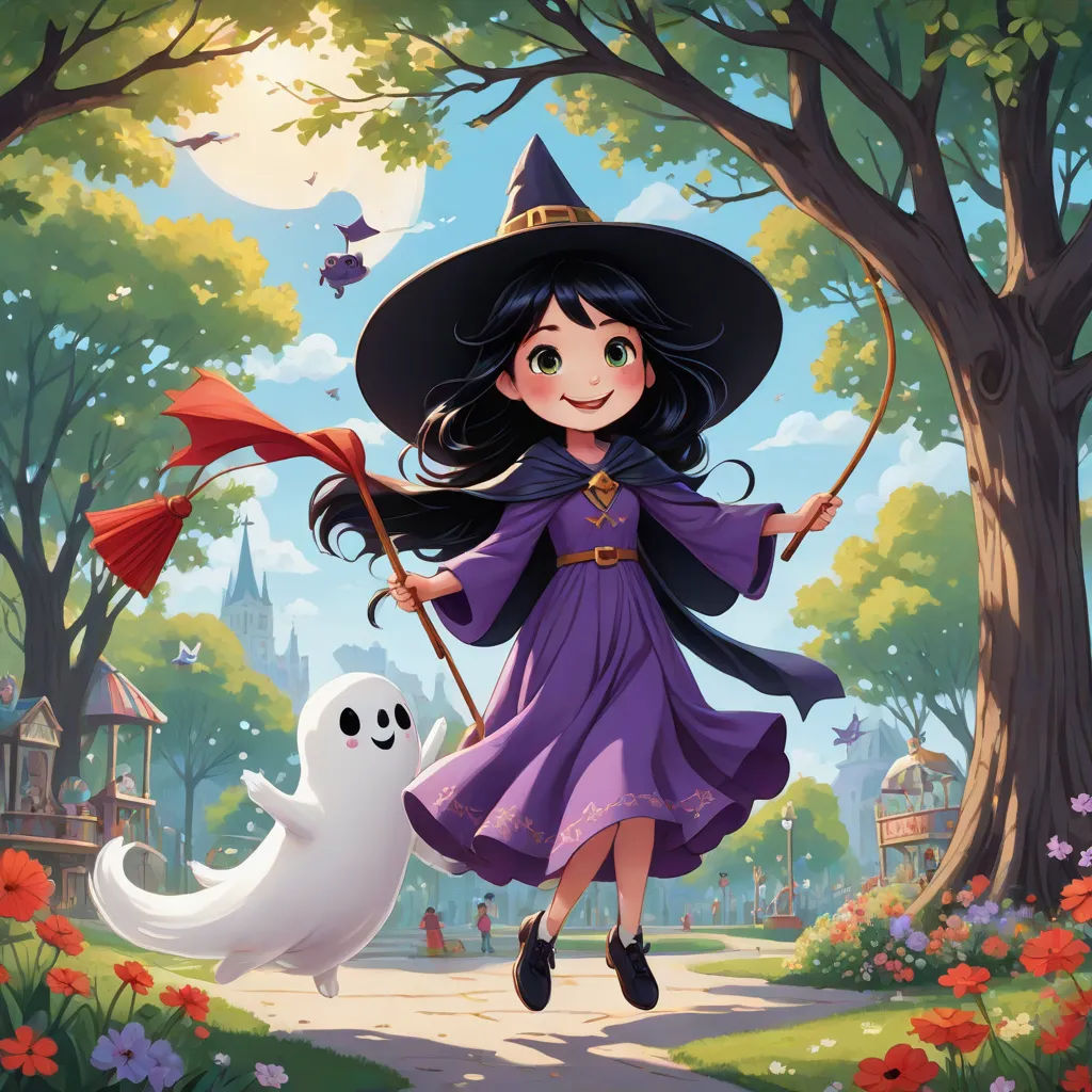 a cartoon girl dressed as a witch flying with a broom and a ghost on a path in a park, fantasy art, a storybook illustration, Cliff Childs, official art