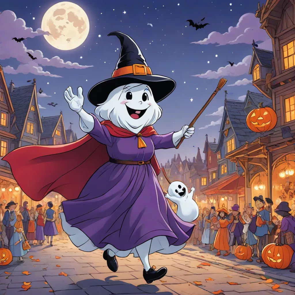 a cartoon character dressed as a ghost with a broom and a ghost on a street with a full moon in the background, furry art, a comic book panel, Ada Gladys Killins, official art