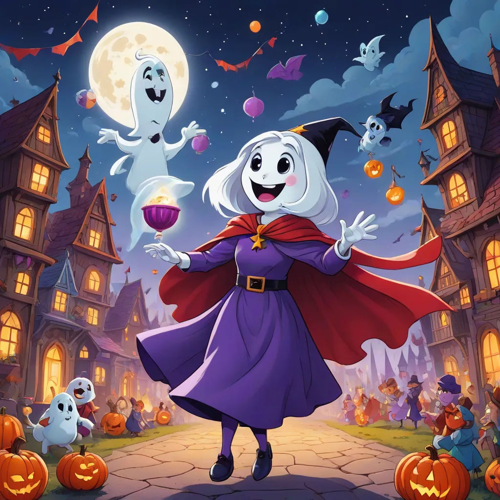 a cartoon ghost with a glass of wine in a halloween scene with ghostes and pumpkins around her, sots art, concept art, Esther Blaikie MacKinnon, official art