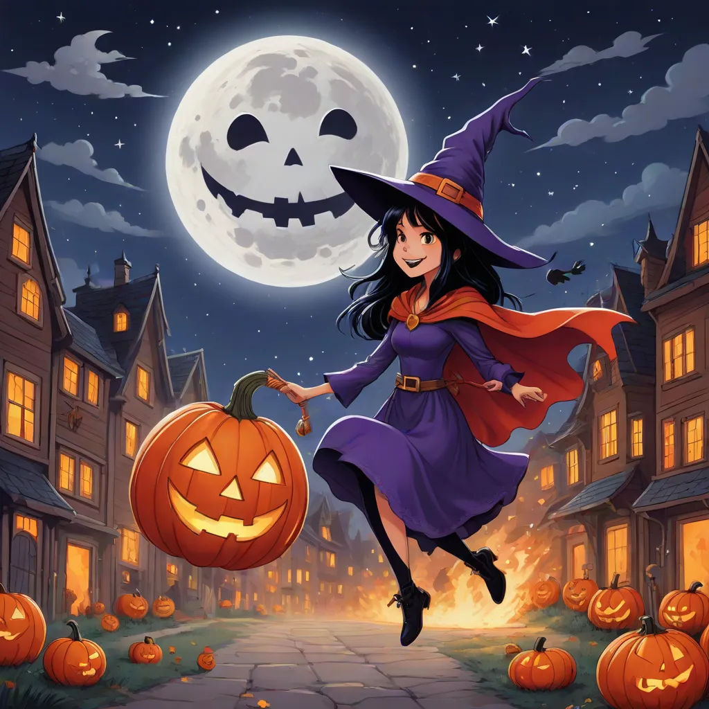 a cartoon witch flying over a street with a pumpkin on it's side and a full moon in the background, gothic art, a storybook illustration, Anne Stokes, official art