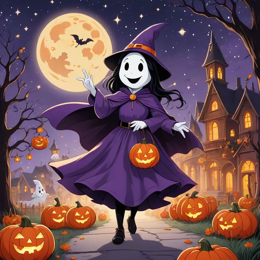 a cartoon of a witch in a purple dress and hat with pumpkins in front of a full moon, dau-al-set, concept art, Anne Stokes, official art