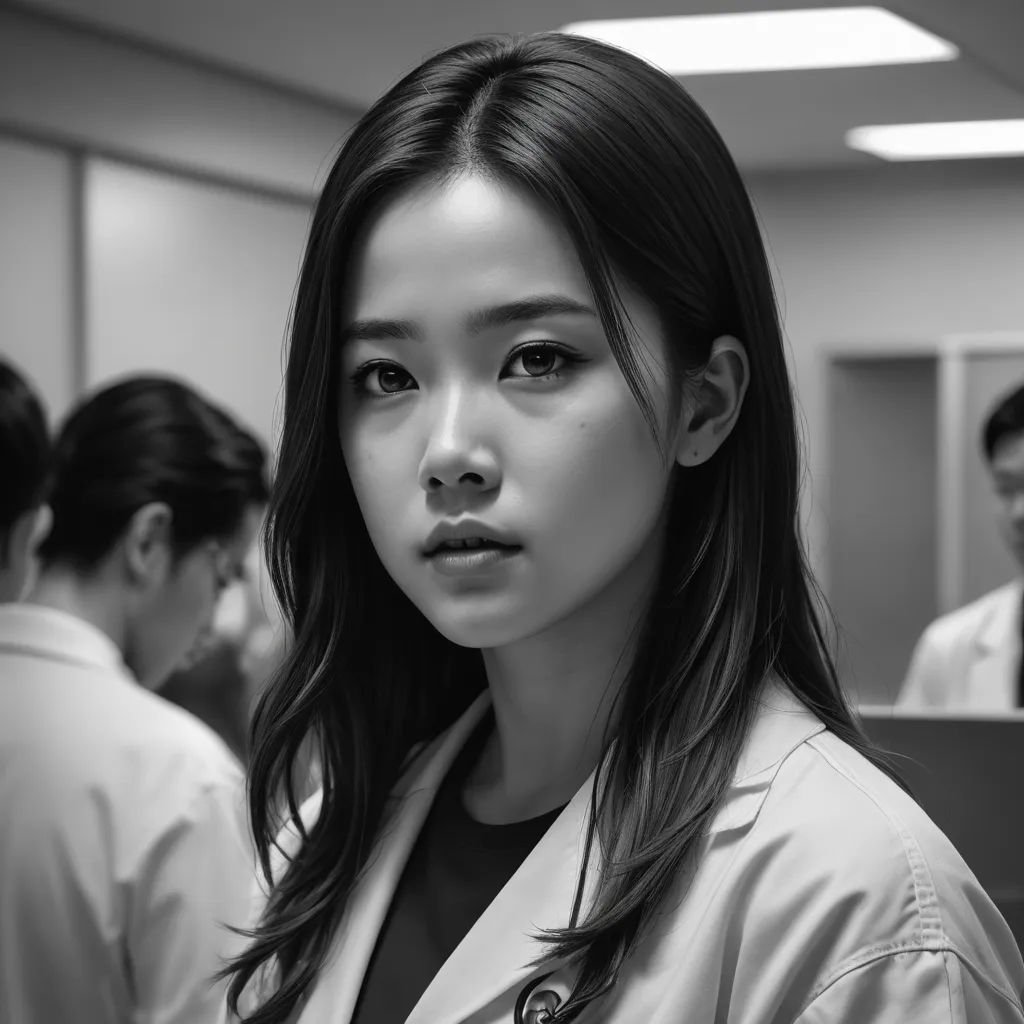 a woman in a lab coat standing in a room with other people in the background and a mirror behind her, neoplasticism, a black and white photo, Chen Jiru, movie still