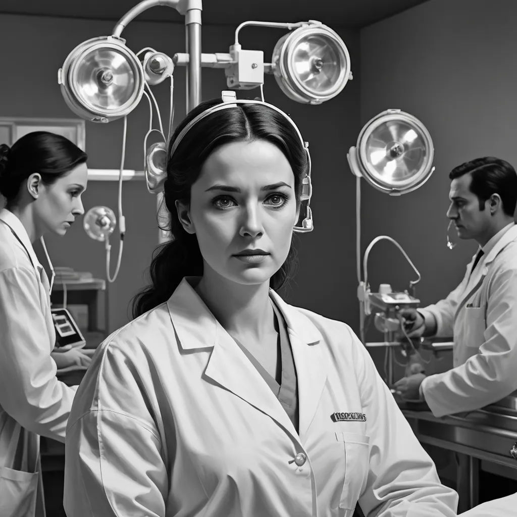 a woman in a white lab coat standing in a room with medical equipment and a man in the background, hyperrealism, an ultrafine detailed painting, Edward Otho Cresap Ord, II, promotional image