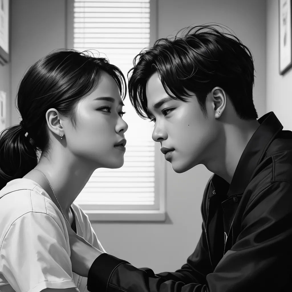 a man and a woman are sitting together and looking at each other's eyes and nose, in a black and white photo, hyperrealism, a photorealistic painting, Artgerm, ultra realistic digital art
