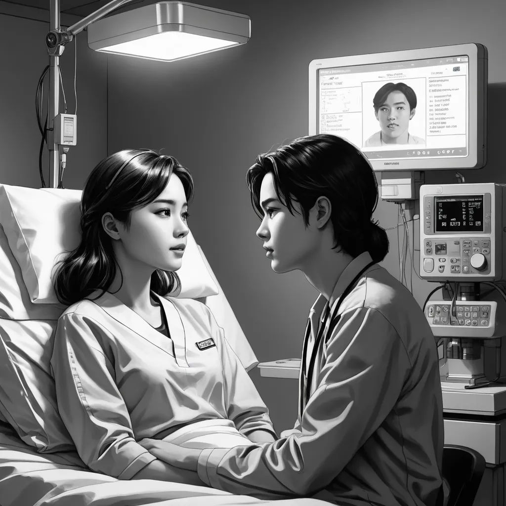 a black and white photo of a woman in a hospital bed with a man in a hospital gown looking at her, shock art, a comic book panel, Apollonia Saintclair, graphic novel