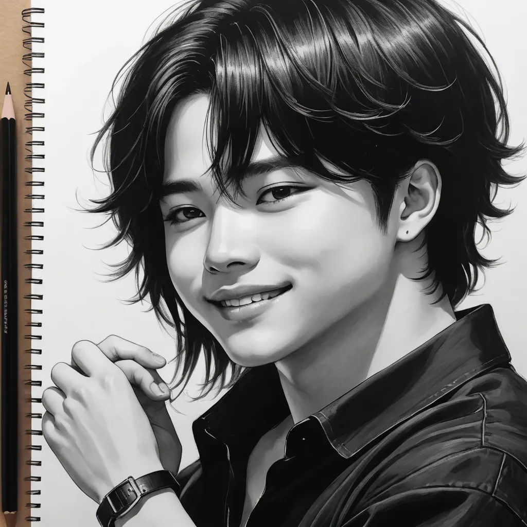 a drawing of a man with a watch on his wrist and a pen in his hand next to him, photorealism, a photorealistic painting, Artgerm, photorealistic portrait