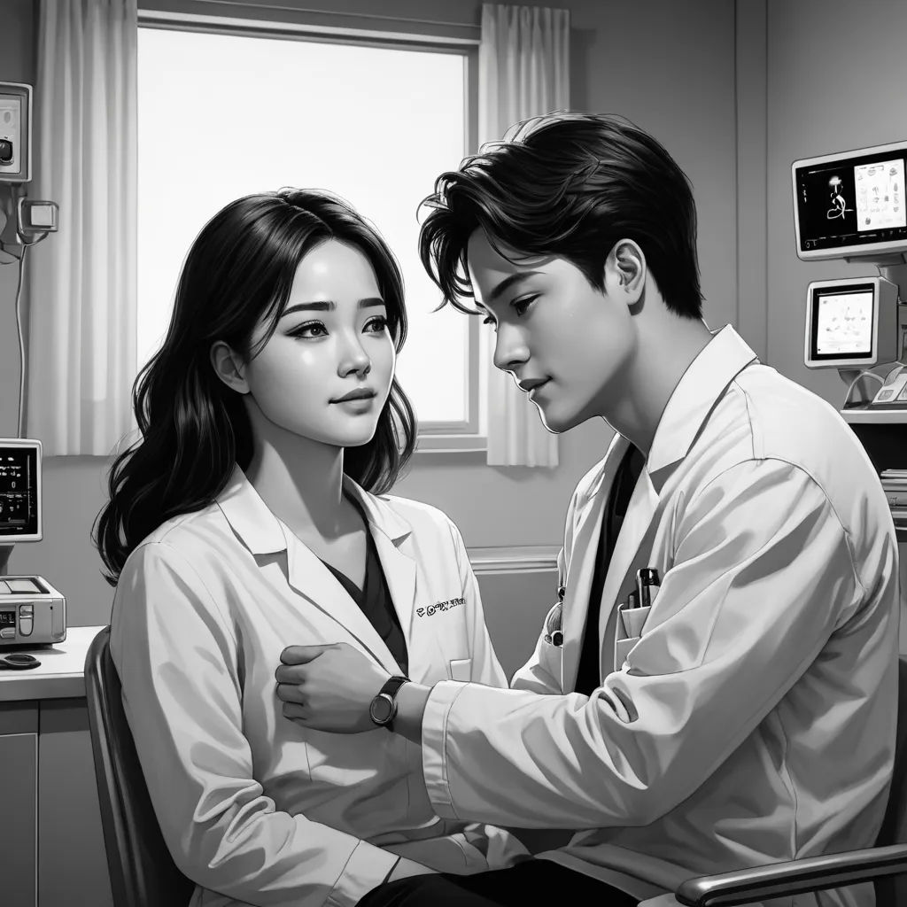 a man and a woman in a hospital room looking at each other's hands while they are sitting down, shock art, a comic book panel, Artgerm, graphic novel
