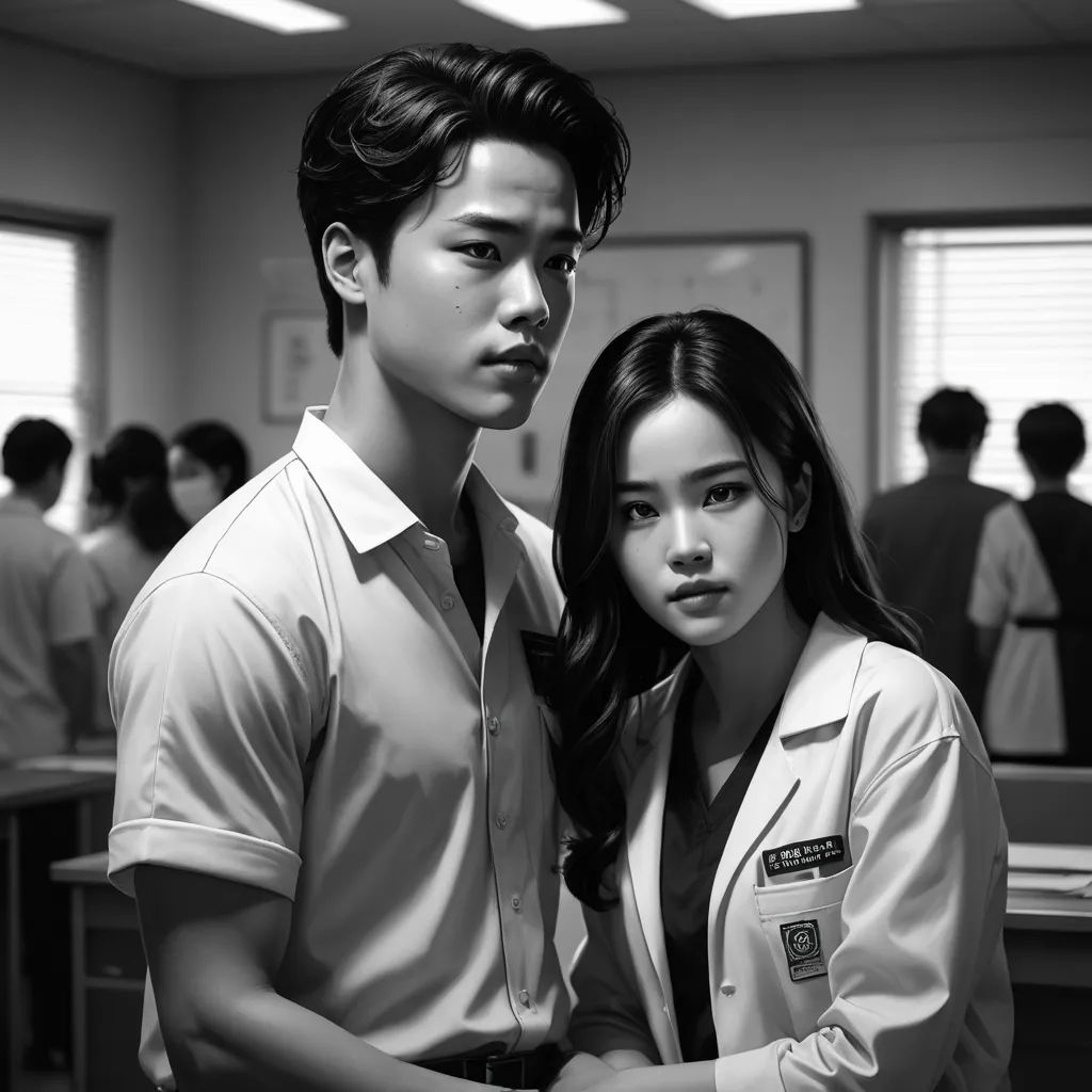 a man and a woman standing next to each other in a room with people in the background and a man in a white shirt and tie, shock art, a photocopy, Fan Kuan, movie still