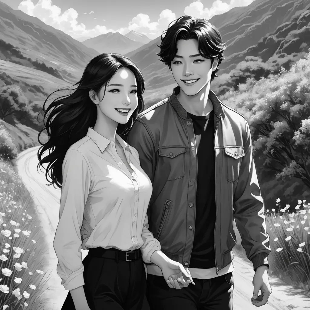 a man and a woman are walking down a path in the mountains together, holding hands and smiling at the camera, neo-romanticism, a black and white photo, David Park, comic cover art