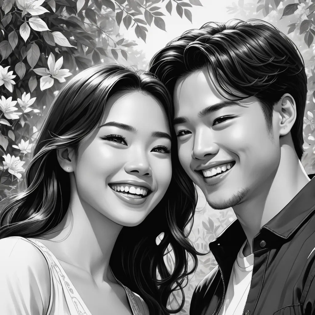 a couple is smiling and posing for a picture together in front of a tree with flowers and leaves in the background, photorealism, a photorealistic painting, Artgerm, highly detailed digital painting