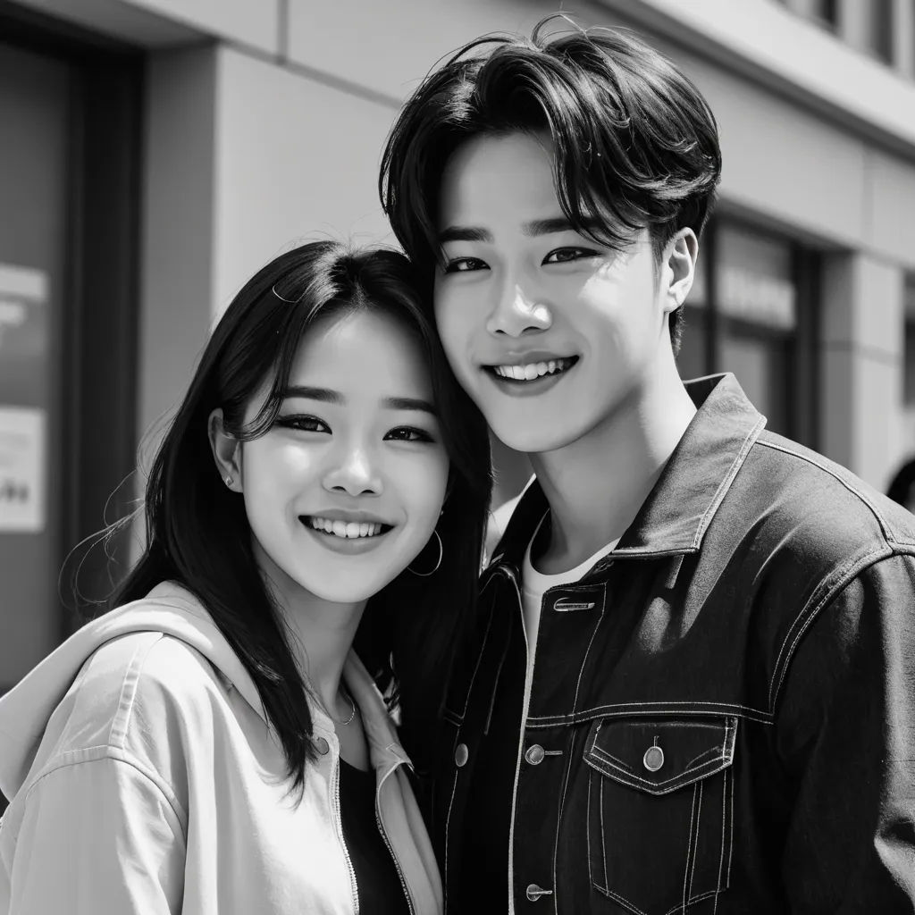 a couple of people that are standing together in front of a building and smiling at the camera with a building in the background, aestheticism, a photocopy, An Gyeon, movie still