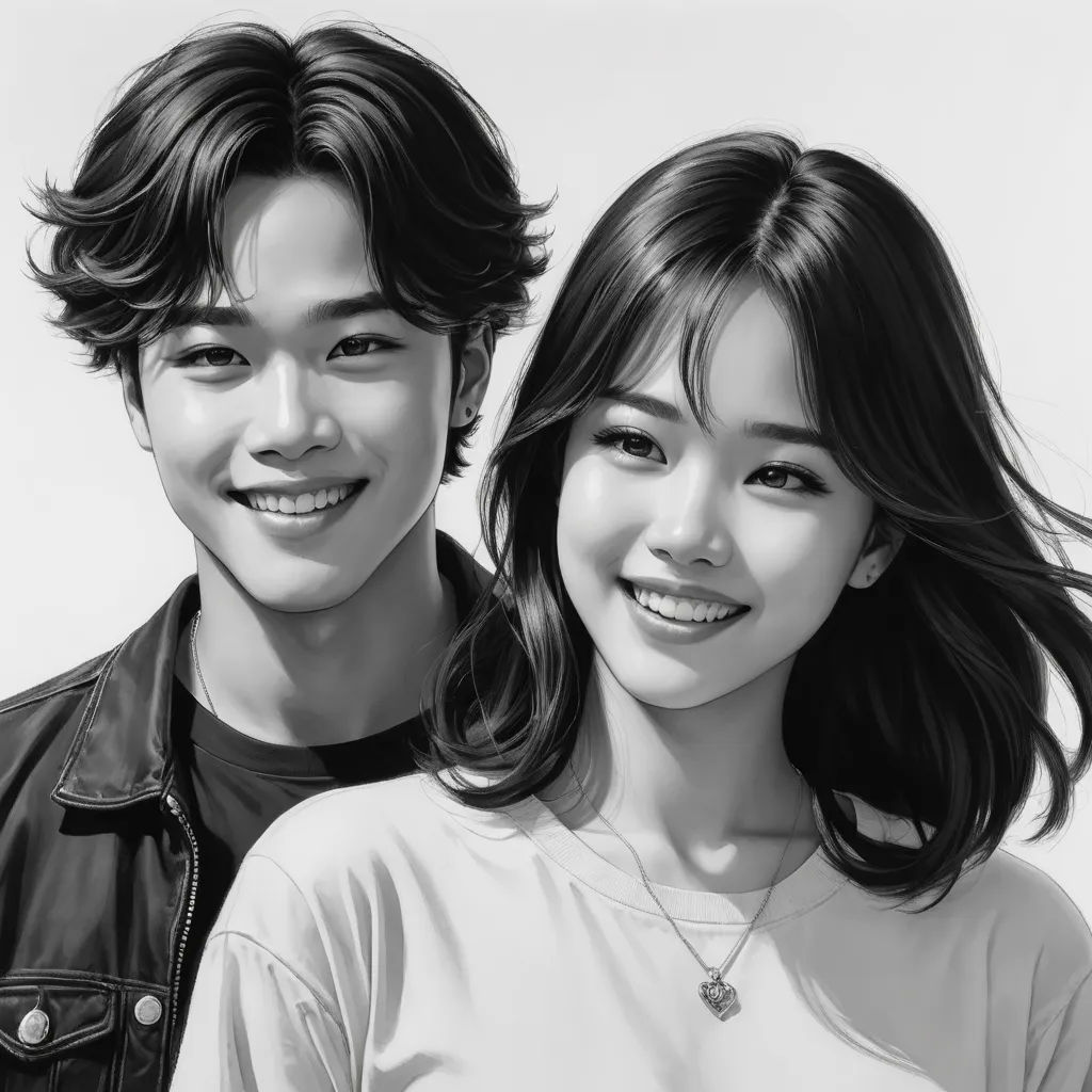 a black and white photo of two people smiling at the camera, one of them is wearing a leather jacket, photorealism, a photorealistic painting, Artgerm, photorealistic portrait