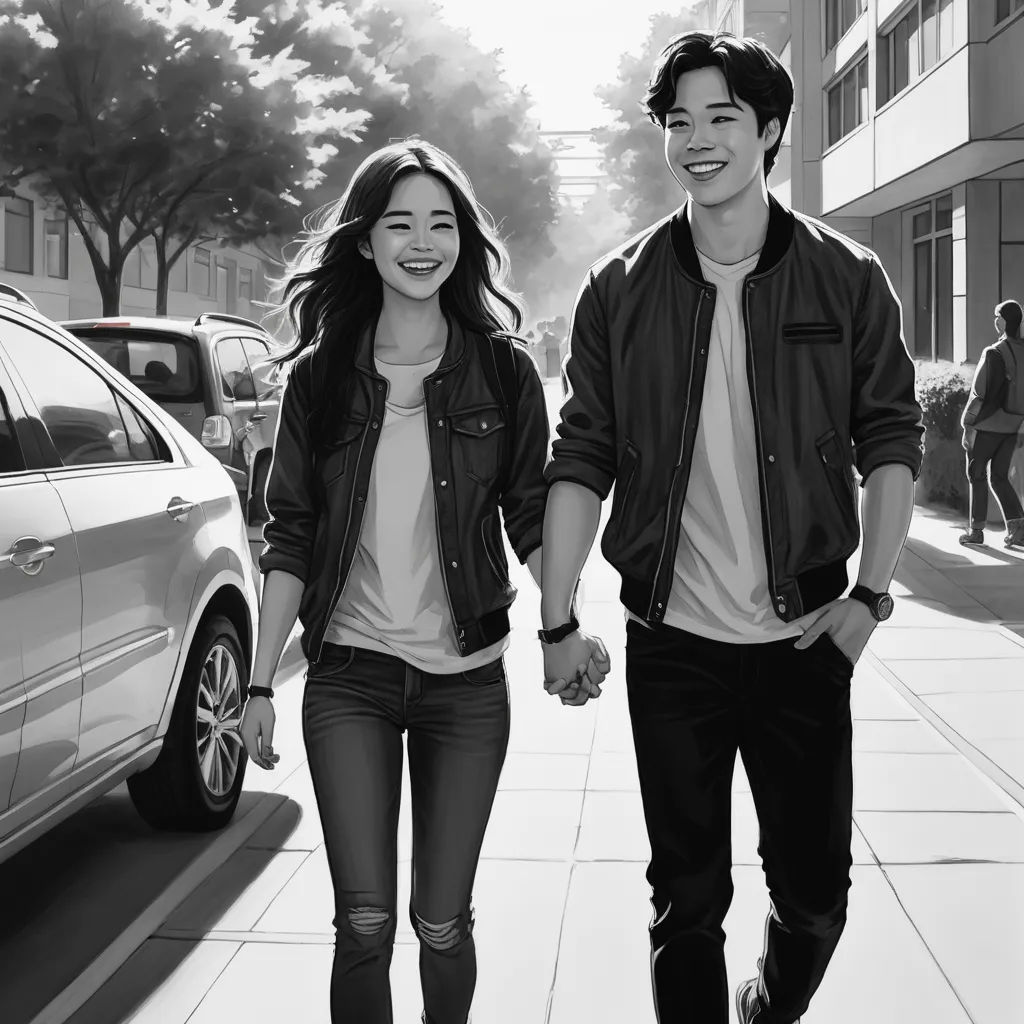 a man and a woman walking down a street holding hands and smiling at the camera, with a car behind them, hyperrealism, a photorealistic painting, David Park, highly detailed digital painting