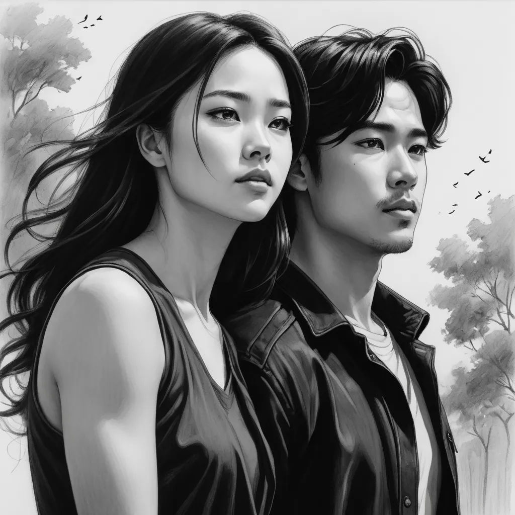 a couple of people that are standing in front of a tree and a sky background with birds flying overhead, figurative art, an ultrafine detailed painting, Artgerm, stanley artgerm lau