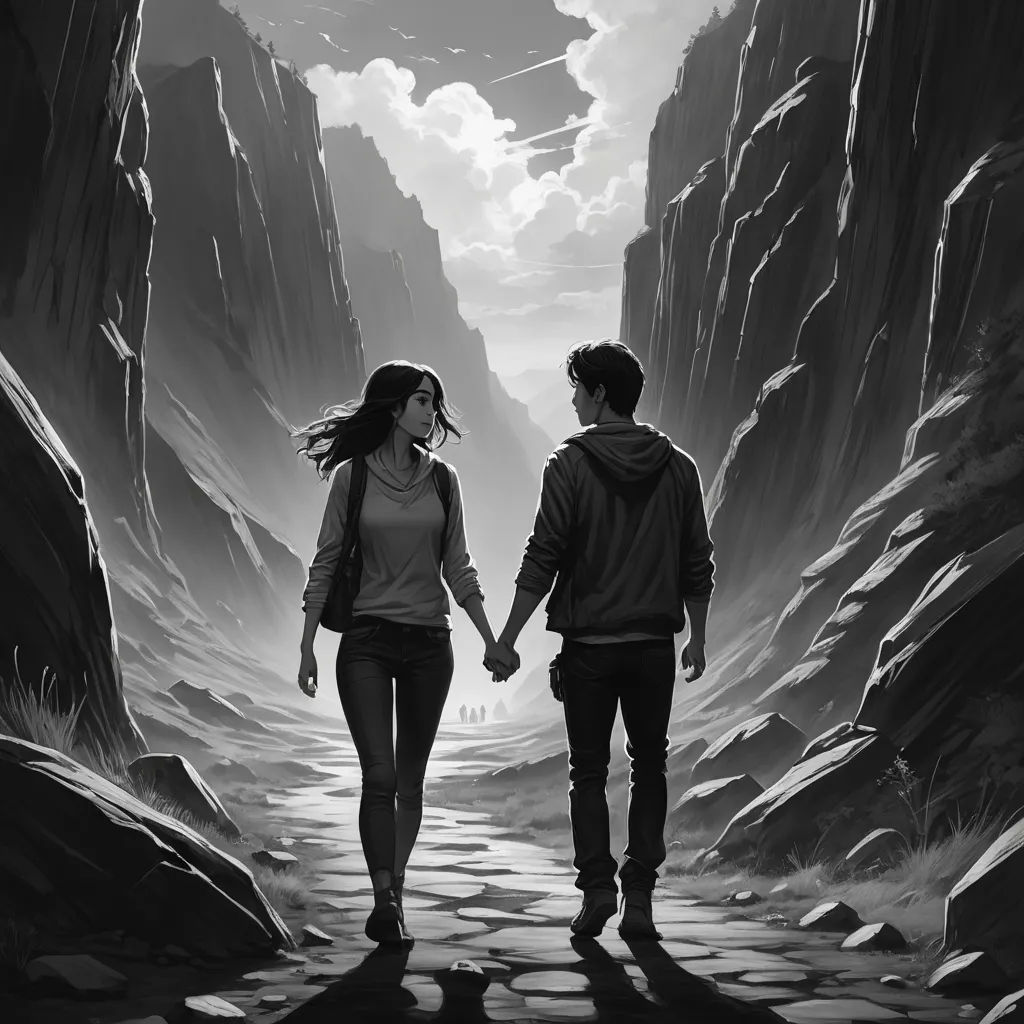 a couple walking down a path holding hands in a canyon with mountains in the background and a sky with clouds, sots art, a storybook illustration, Cyril Rolando, storybook illustration