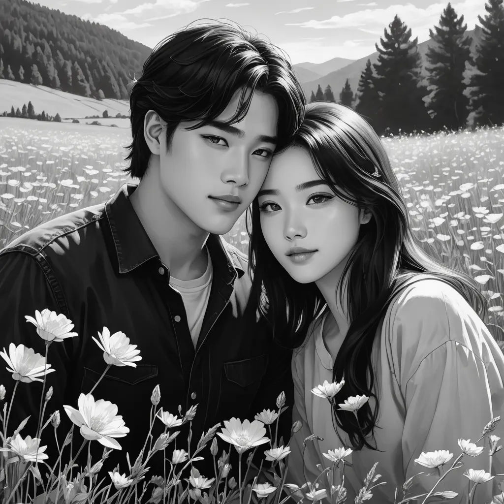 a couple is posing for a picture in a field of flowers with mountains in the background and a sky with clouds, aestheticism, a photorealistic painting, Artgerm, stanley artgerm lau