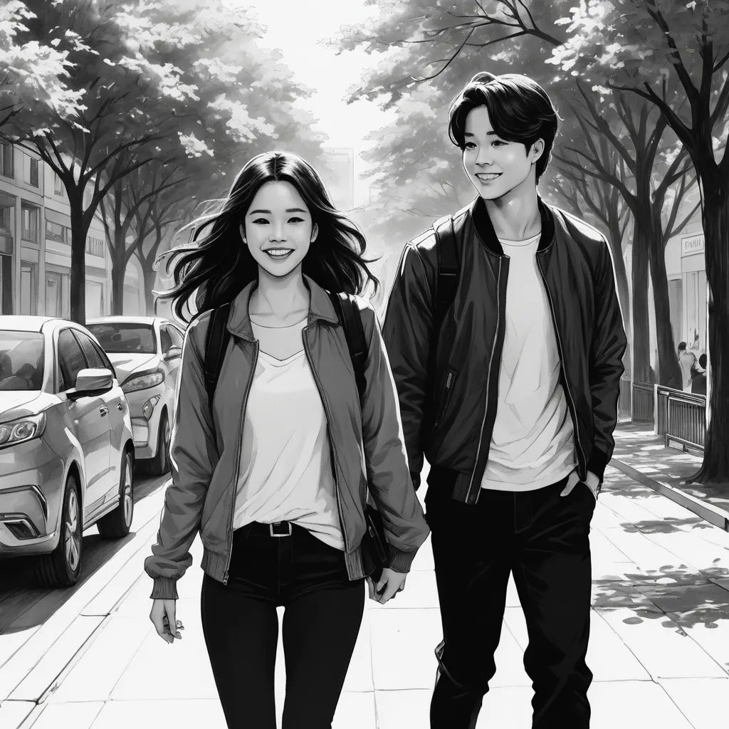 a couple walking down a sidewalk holding hands and smiling at the camera, in black and white, with a city street in the background, neo-romanticism, a manga drawing, David Park, official art