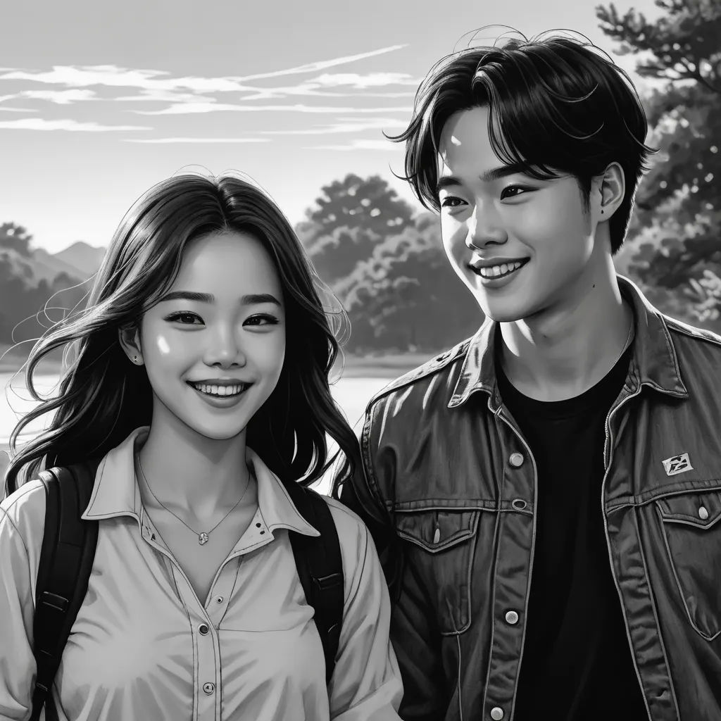 a black and white photo of a couple smiling together in front of a lake and trees with a sky background, sots art, a manga drawing, David Park, ultra realistic illustration